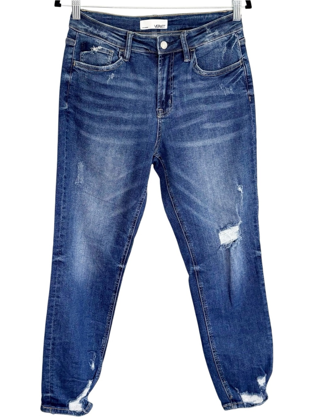 VERVET High Rise Distressed Straight Leg Jeans Raw Hem Dark Wash Size 27
